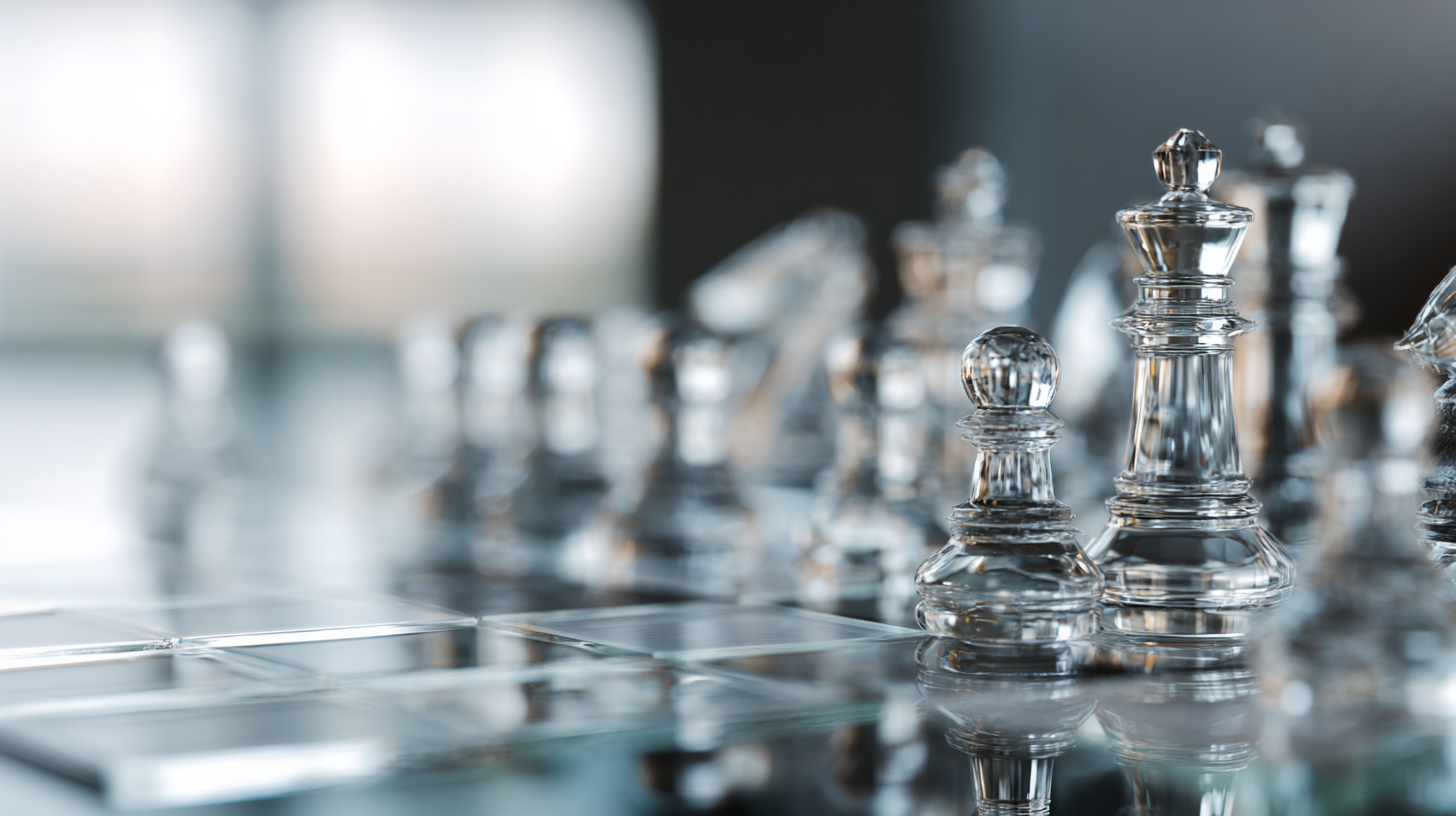 Close-up of glass chess pieces with a blurred background